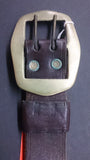 Belt Double Pronged, Dark Brown Leather, x and = Design, Bronze Buckle - Roadshow Collectibles