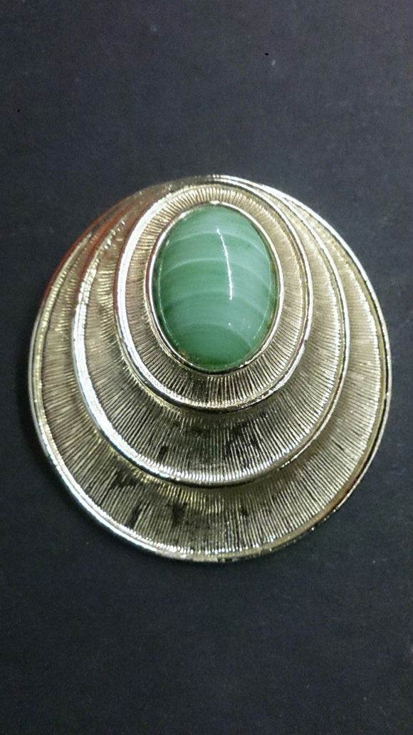 Sarah Coventry Signed Brooch, Pendant, Gold Tone, Green & White Agate - Roadshow Collectibles