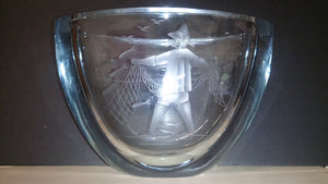 Crystal Glass Bowl Etching Of Fish & Birds & Fisherman Casting His Net - Roadshow Collectibles