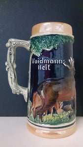 Ceramic Beer Stein Mug, No Lid, Forest Scene with Deer Waidmann's Heil - Roadshow Collectibles