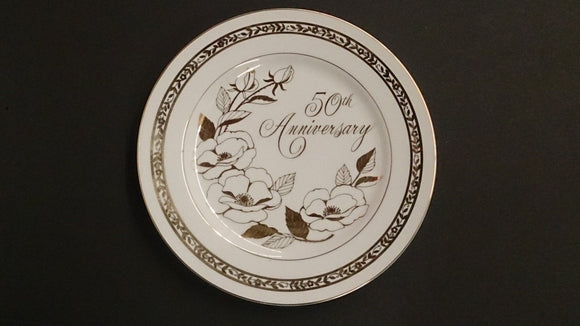 50TH Anniversary Ceramic Plate, Gold Trim and Gold Roses, Japan - Roadshow Collectibles