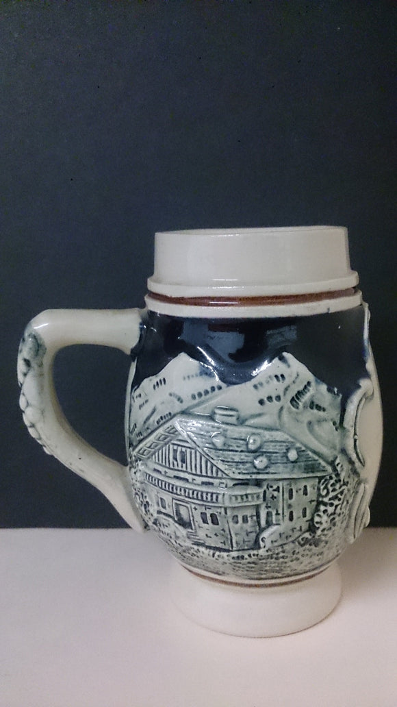 Ceramic Beer Stein, No Lid, Winter Scene, Two Log Cabins and Mountains - Roadshow Collectibles