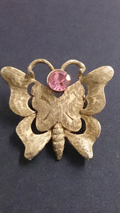 Moth Brooch, Gold Colour, Etched Detailed Body, Pink Rhinestone Head - Roadshow Collectibles