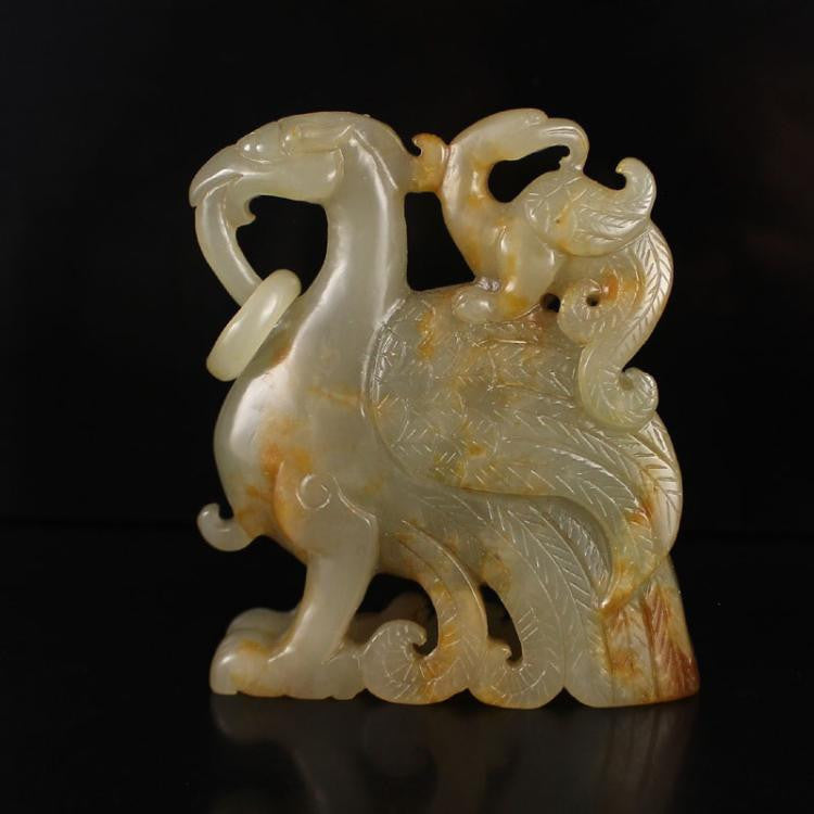 Natural Hetian Jade, Hand Carved, Large and Small Phoenix Birds