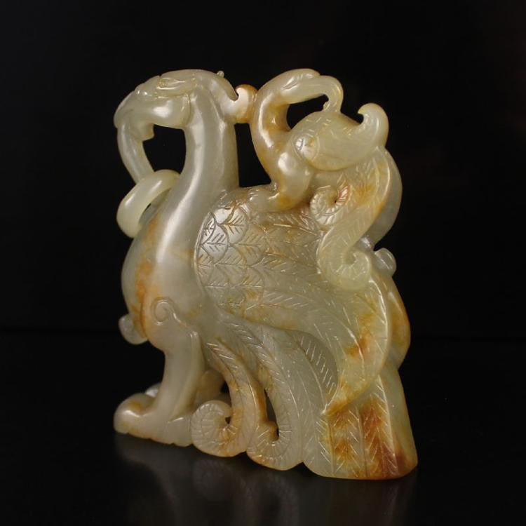 Natural Hetian Jade, Hand Carved, Large and Small Phoenix Birds