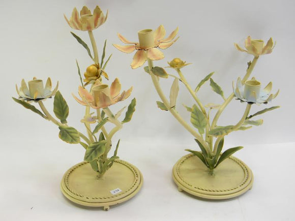 3 Light Candelabras Set Decorated with Metal Asiatic Lilies and Leaves - Roadshow Collectibles
