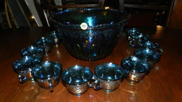 Carnival Glass Punch Bowl Indiana Blue Iridescent Grape & Vine Pattern - Roadshow Collectibles