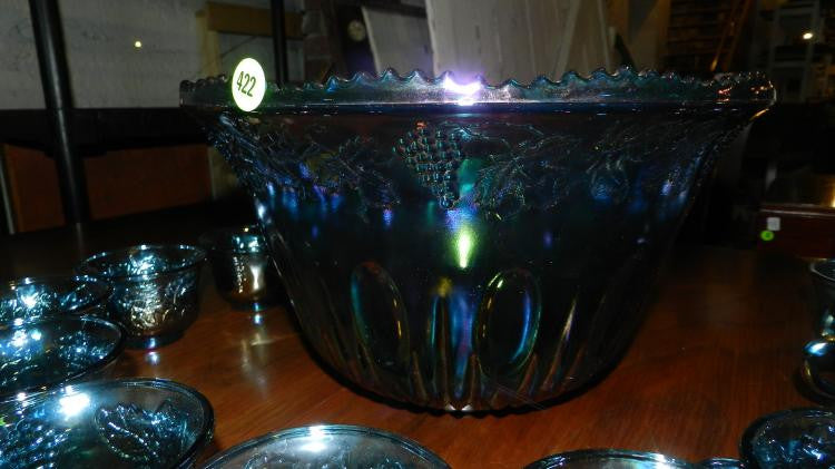 Carnival Glass Punch Bowl Indiana Blue Iridescent Grape & Vine