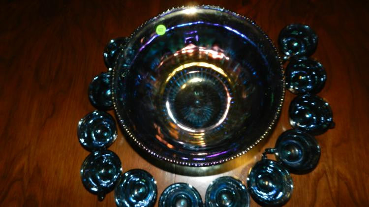 Carnival Glass Punch Bowl Indiana Blue Iridescent Grape & Vine